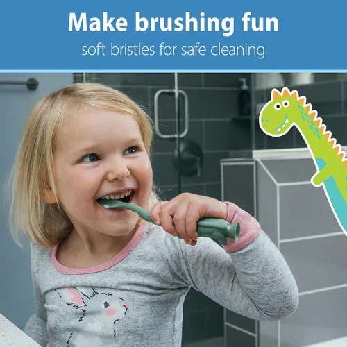 Vista 3 de Dr. Brown's Cepillo de dientes para niños pequeños, dinosaurio, verde, paquete de 1