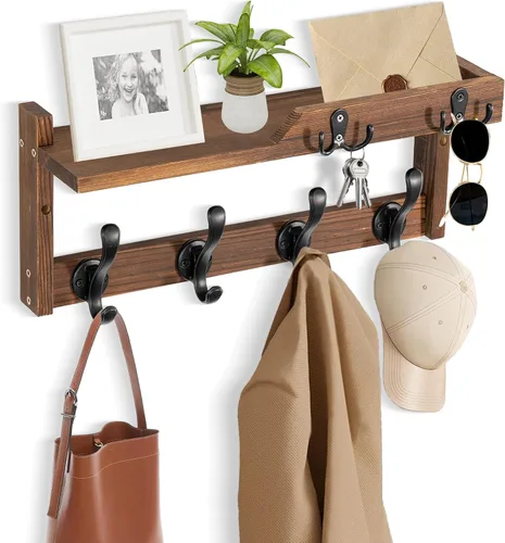 Vista 11 de dreampossible Perchero de pared con estante, perchero de pared con ganchos para llaves y soporte para correo, estante flotante de entrada de madera