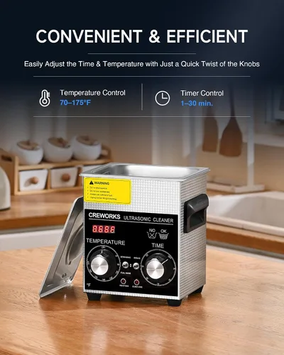 Vista 7 de CREWORKS Limpiador ultrasónico de 2 litros con Degas y modos suaves, máquina de limpieza ultrasónica de acero inoxidable de 60 W con calentador