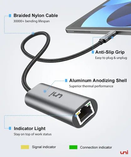 Vista 4 de uni Adaptador USB-C a Ethernet de 2.5 Gbps, Blazing Fast Type-C (compatible con Thunderbolt 4/3) a RJ45, adaptador de red Gigabit de aluminio