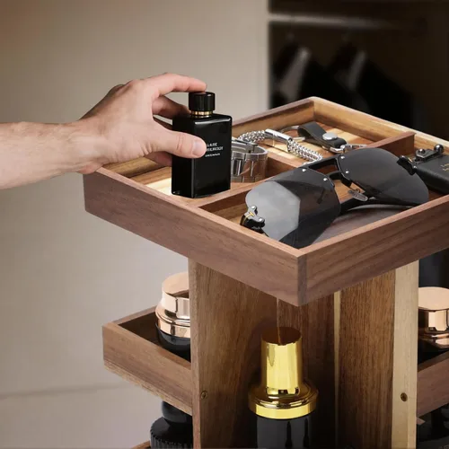 Vista 5 de EXIN DECHEN - Organizador de colonia para hombres, soporte de colonia, estante de perfume de madera de 3 niveles con rotación, organizador
