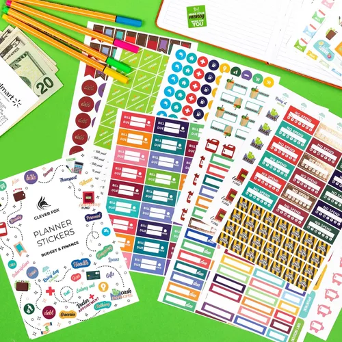 Vista 4 de Stickers de presupuesto de Clever Fox - Juego de 18 hojas con más de 1030 stickers únicos para tu planificador mensual, semanal y diario