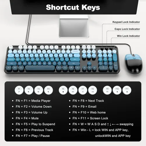 Vista 3 de MOFII Combo de teclado y mouse con máquina de escribir retro con cable, USB de tamaño completo Plug & Play para PC con Windows - Negro Azul