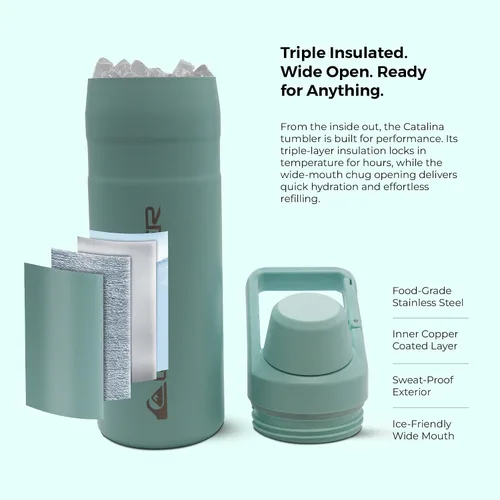 Vista 6 de Quiksilver Botella de agua de acero inoxidable de 24 onzas, vaso con aislamiento de boca ancha con gancho para mosquetón, acero 18/8, frío las 24