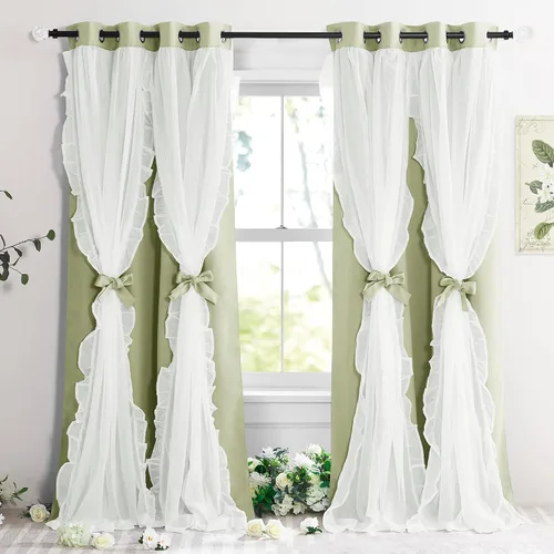 Vista 13 de PONY DANCE Cortinas con Volantes de Doble Capa con Superposición Transparente, Decoración Elegante para Ventanas de Diseño Rústico Francés de Campo