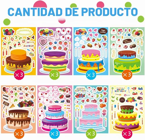 Vista 2 de Make-a-Birthday Cake Sticker para niños, haz tu propio pastel de cumpleaños 24 PCS Birthday Stickers with Fruit Candy Candle, Happy Birthday