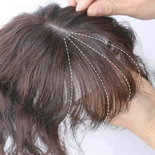 Vista 5 de Toppers de cabello humano corto de 8 pulgadas con flequillo, 2.76 x 3.93 pulgadas, base mono atada a mano para mujer, color marrón claro, piezas