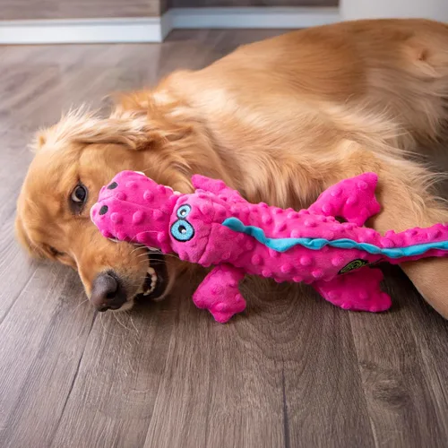 Vista 7 de goDog, juguete para perro de tejido suave, forma de caimán, con tecnología a prueba de mordiscos., L, Rosado Rosa caimán