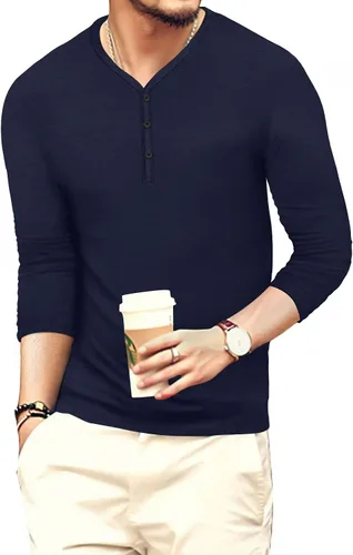 Vista 5 de MLANM Camiseta básica Henley de algodón de manga corta y larga para hombre