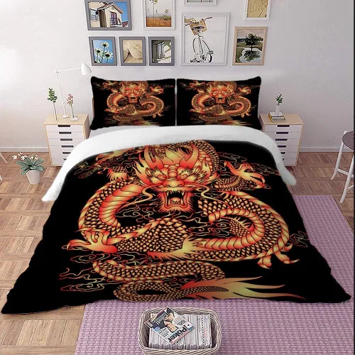 Vista 6 de Juego de ropa de cama con estampado de dragón de China en 3D, funda de edredón tamaño Queen, Textiles para el hogar para adultos, ropa de cama