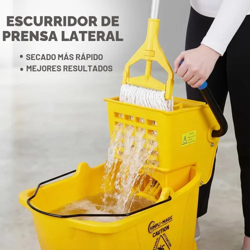 Vista 5 de SIMPLI-Magic Combo de cubo de fregona comercial sobre ruedas, paquete de 2, 35 cuartos de galón, amarillo, incluye letrero de precaución para suelo