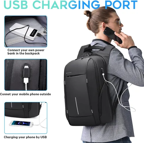 Vista 5 de Mochila de viaje BANGE, mochila antirrobo para laptop, compatible con portátiles de 15.6 pulgadas, Negro, Mediana, Computadora portátil