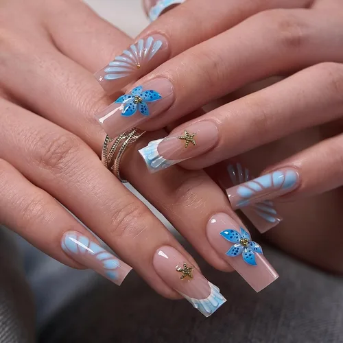 Vista 5 de CurvLife Uñas postizas a presión con punta francesa cuadrada media, color Brillo de porcelana