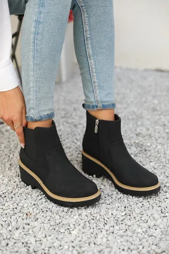 Vista 6 de Botines Chelsea con suela de lengüeta para mujer, sin cordones, tacón grueso de bloque medio, cremallera lateral elástica, botines de otoño e
