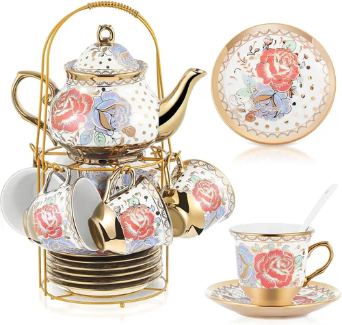 Vista 11 de Zhehao Juego de té de porcelana de 20 piezas con soporte de metal y cuchara para adultos, juego de té de cerámica para adultos, pintura de flores