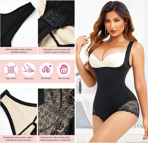 Vista 3 de Gotoly Faja moldeadora con control de abdomen para mujer, body de entrenamiento de cintura con encaje moldeador de cuerpo, bragas con levantamiento