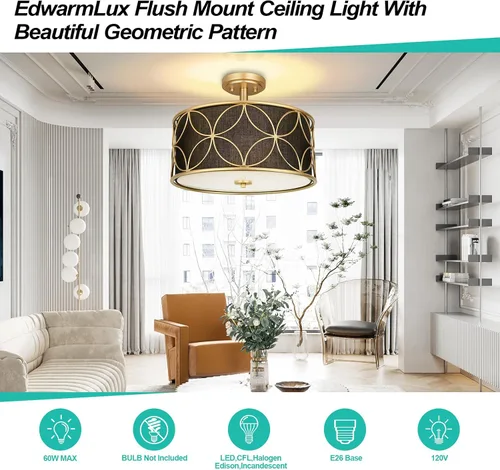 Vista 4 de Edwarmlux Lámpara de techo semiempotrada de 3 luces, luz de tambor de 16 pulgadas con pantalla de tela, moderna lámpara de techo para sala de estar