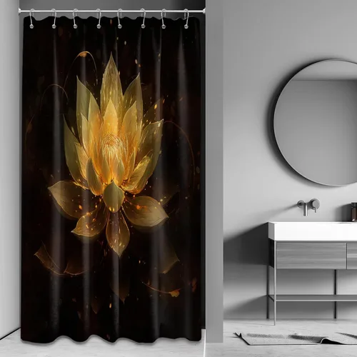Vista 18 de Cortina de ducha con flores de loto negro y azul para decoración de baño, juego de cortinas decorativas de baño con estampado floral, tela