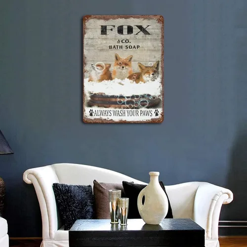 Vista 3 de Placa colgante de hierro vintage con diseño de zorro, letrero de hojalata vintage con texto en inglés "Wash Your Paws", letrero de metal para bar