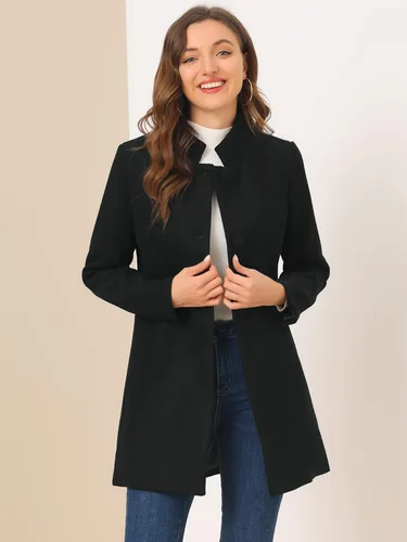 Vista 3 de Allegra K Abrigo de invierno para mujer, abrigo de lana con un solo botonadura y cuello alto medio largo