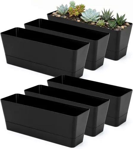 Vista 10 de GREANER Maceteros de hierbas de 12 x 3.8 pulgadas, 1 paquete de cajas rectangulares con bandeja, maceta de plástico para suculentas