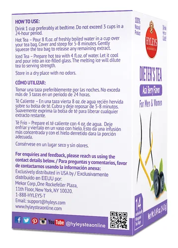 Vista 8 de Hyleys Dieter's Tea con sabor a bayas de acai – 14 bolsas de té – Té adelgazante para adelgazar y limpiar desintoxicante