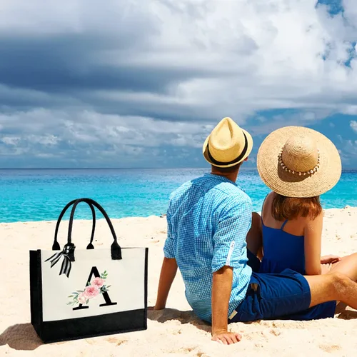 Vista 7 de Bolsa de lona personalizada con inicial para mujer, bolsa de playa con bolsillo interior con cremallera para bodas, cumpleaños, vacaciones