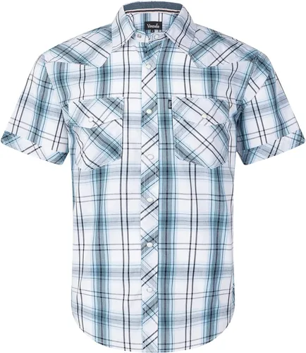 Vista 11 de Camisa casual para hombre estilo western con botones, de manga corta, dos bolsillos BLKWHT.