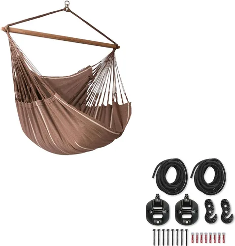 Vista 48 de LA SIESTA® - Silla Hamaca Grande y Cómoda de Algodón Habana & CasaMount - Silla Colgante con Kit de Suspensión para Paredes, Techos y Vigas Café