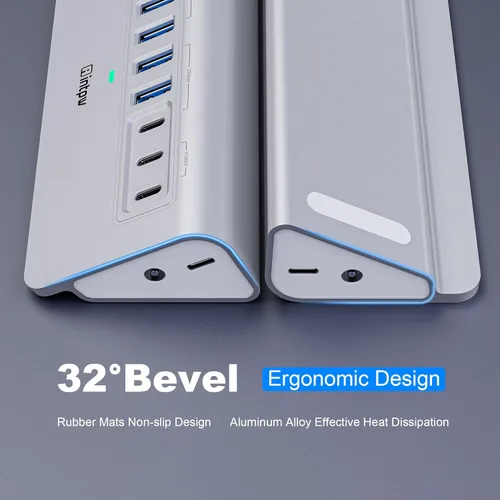 Vista 5 de Concentrador USB alimentado de 10 Gbps, intpw de 9 puertos USB 3.2, concentrador USB C con USB A/USB C 3.2, 4 USB 3.0, 2 puertos de carga PD de 45