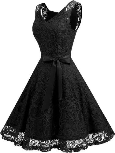 Vista 2 de Dressystar - Vestido de fiesta corto para mujer con encaje floral y cuello en V, ideal para dama de honor y baile de graduación