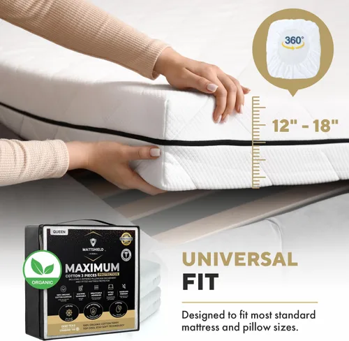 Vista 6 de MATTSHIELD - Juego máximo de 3 piezas – Protector de colchón impermeable de rizo de algodón orgánico individual + 2 protectores de almohada