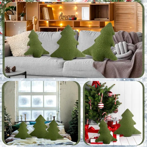 Vista 4 de Soaoo 3 almohadas decorativas para árbol de Navidad, almohada decorativa con forma de árbol de Navidad, cojín suave en forma de planta 3D