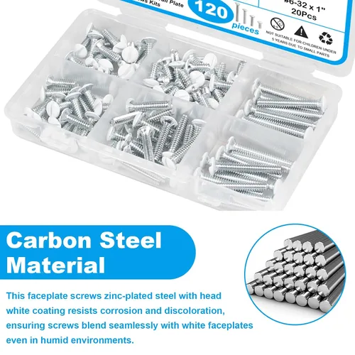 Vista 4 de Kit de 120 tornillos blancos para placas de pared, sujetadores de rosca #6-32 para cubiertas de tomacorrientes y placas de interruptores con 4