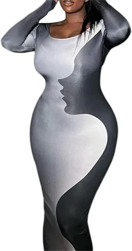 Vista 5 de Vestido largo ajustado de manga larga Y2k con cuello cuadrado para mujer, vestido de cóctel con estampado de cara de retazos
