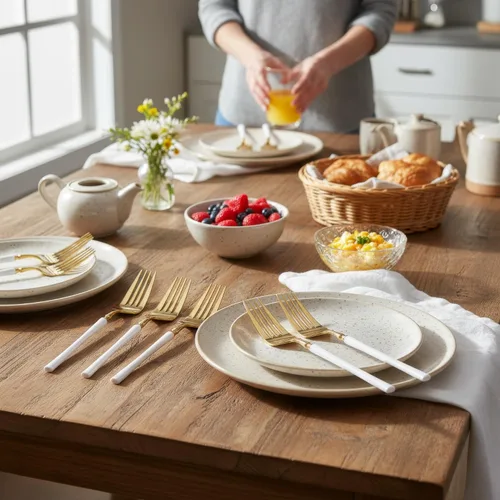 Vista 4 de Blue Sky Infinity Flatware - Tenedores de cena dorados y blancos, 20 unidades, cubiertos de plástico desechables elegantes para eventos y fiestas