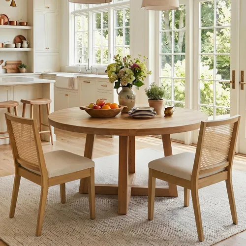 Vista 10 de HNY Juego de 2 sillas de comedor de ratán estilo granja, marco de madera maciza negra, asiento tapizado de lino, sillas de comedor ergonómicas