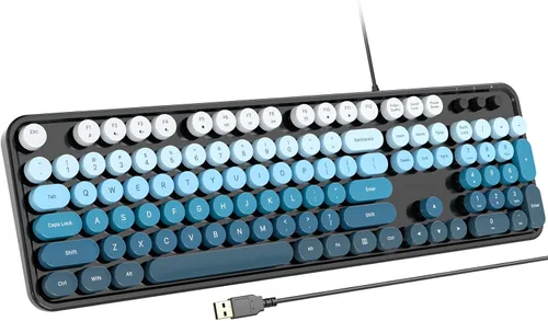 Vista 24 de Atelus Teclado USB con cable con retroiluminación de 7 colores, teclado de tamaño completo con teclas retro, teclado numérico y tecla de acceso