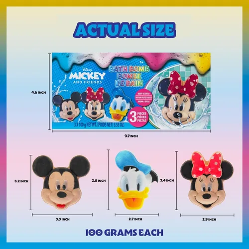 Vista 6 de Bombas de baño de Mickey, Minnie y Pato Donald para niños, colores brillantes de arcoíris, con aroma a bayas, para niños de 3 años en adelante