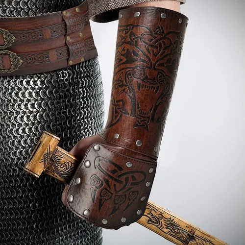 Vista 5 de HiiFeuer Guantelete vikingo Fenrir medieval, de piel sintética, armadura de caballero, disfraz LARP de Halloween