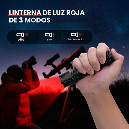 Vista 2 de Linterna de luz roja RECHOO, linternas recargables de LED rojo de 3 modos de alta potencia con clip y cordón, linternas rojas zoomables y portátiles