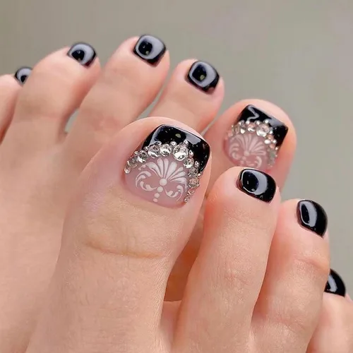 Vista 49 de Uñas postizas acrílicas artificiales negras para los dedos de los pies, ataúd a presión con diseños de flores blancas, uñas postizas reutilizables