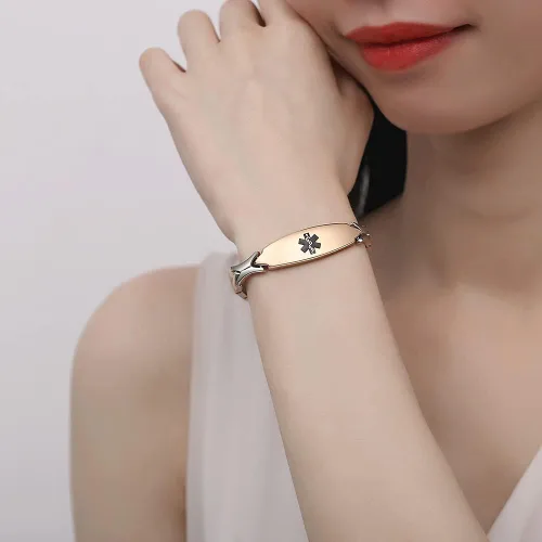 Vista 4 de LinnaLove Pulseras de alerta médica personalizadas para mujer pulseras médicas de emergencia de acero inoxidable con grabado gratuito 75 Metal Sin