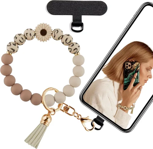 Vista 13 de Correa de silicona con cuentas para mujer, silicona sin BPA Elastic wristlet with tether tab, 12mm BPA-Free silicone beads with printed accents
