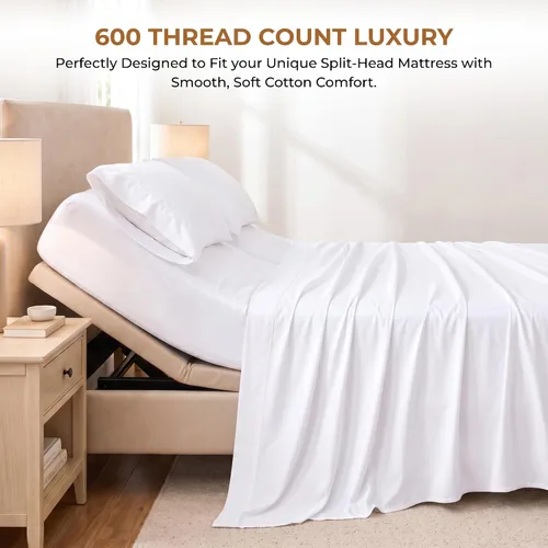 Vista 3 de SGI bedding Sábana Queen de 28 pulgadas con cabecera flexible y parte superior dividida, 100% algodón egipcio - 600 número de hilos, sábanas de 01