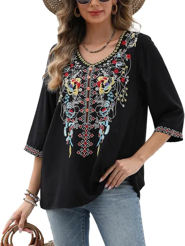 Vista 12 de AK Women's Boho Embroidered Tops 3/4 Sleeve Mexican Peasant Shirts Bohemian Loose Tunic Blouses 355-negro