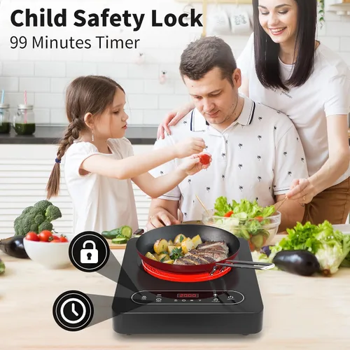 Vista 7 de VBGK - Cocina eléctrica de un solo quemador, estufa eléctrica de 110 V y 1800 W con control táctil LED, 10 niveles de potencia, temporizador de 4 h