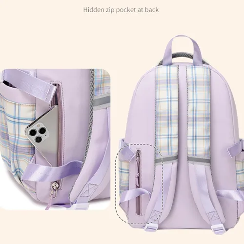 Vista 5 de Mochila japonesa Kawaii para mujeres y niñas, mochila estética linda con colgante rosa, mochila escolar duradera a la moda para niñas (púrpura)