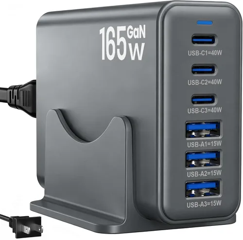 Vista 15 de Estación de carga de 165 W, cargador de escritorio de 6 puertos, 3 puertos 40 W, color negro Multi-Device Charger, 3 PD USB C 40W and 3 15W USB A