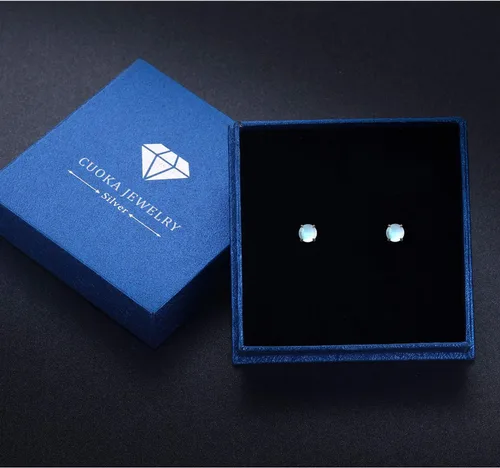 Vista 6 de Cuoka - Aretes con piedra lunar sintética y plata esterlina 925, redondos e hipoalergénicos para orejas sensibles, para mujer